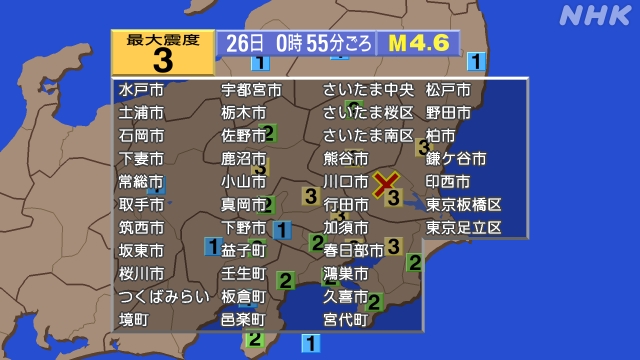 東京23区含む関東の広い範囲で震度3 津波の心配なし