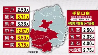 手足口病の新規患者数　１０週ぶりに減少　１医療機関あたり５．５３人　岩手県