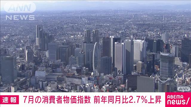 【速報】7月の消費者物価指数は前年同月比2．7％の上昇　3カ月連続で伸び率拡大