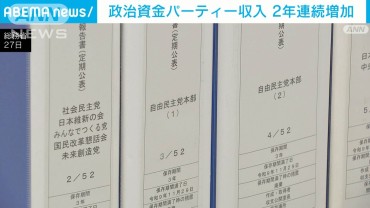 政治資金パーティー収入 2年連続増加　去年より5億円増の87億円